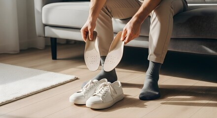 Man inserts orthopedic insoles for shoes to improve comfort and support sitting on sofa at home in socks while holding inserts and sneakers near white rug on wooden floor