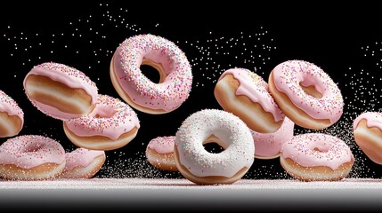 Colorful donuts with pink frosting and sprinkles are floating in the air against a black background while powdered sugar is sprinkled around them