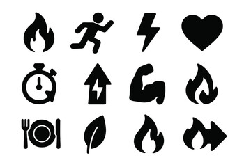 Metabolism Boost Icons. Metabolism boost. Solid icon set of Metabolism boost: flame icon, running figure, lightning bolt, heart, stopwatch, energy arrow,