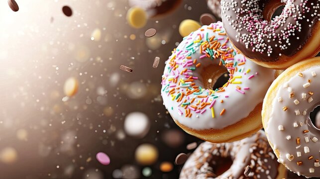 A vibrant assortment of donuts, adorned with colorful sprinkles and rich chocolate glaze, is being joyously tossed into the air, creating an exciting and festive atmosphere