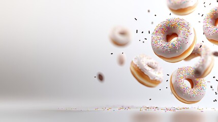 Colorful donuts floating in mid-air with sprinkles around them, creating a vibrant and playful visual treat for dessert lovers