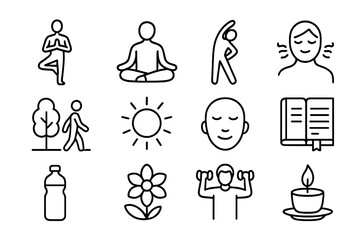 Mind-Body Icon Set. Mind-Body Connection. Line icon set of Mind-Body Connection: yoga pose, meditation, stretching, deep breathing, nature walk, sun icon, calm