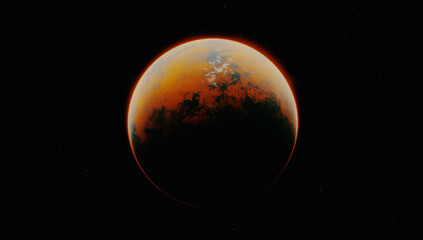 Un pianeta parzialmente illuminato si staglia nell'oscurit&agrave; del vuoto cosmico