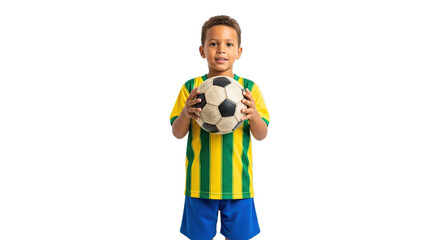 Cheerful young boy confidently holding a soccer ball symbolizing sports passion and athletic aspirations isolated on transparent background