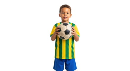 Cheerful young boy confidently holding a soccer ball symbolizing sports passion and athletic aspirations isolated on transparent background