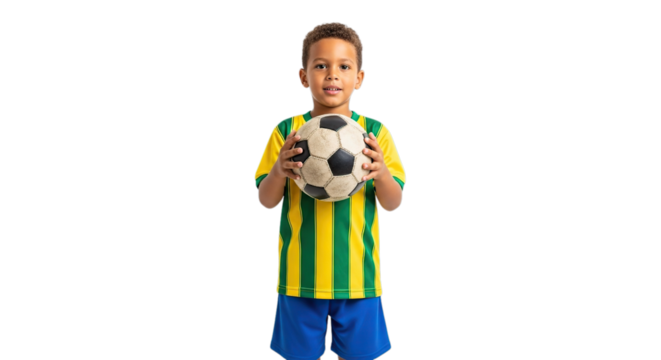 Cheerful young boy confidently holding a soccer ball symbolizing sports passion and athletic aspirations isolated on transparent background - Powered by Adobe