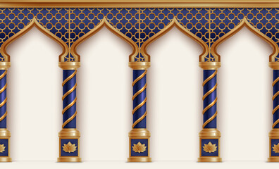 Fototapeta premium Colorful white and golden pillars beneath grey and gold arches realistic