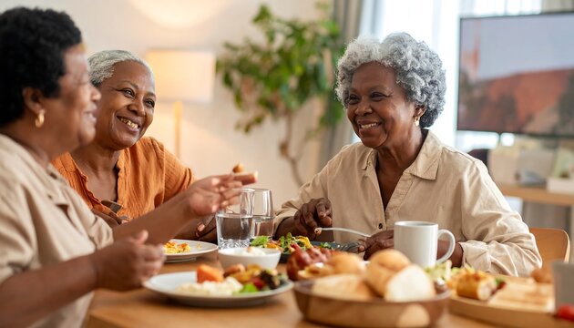 Three smiling older women are enjoying a shared meal at a table set with breads and salad