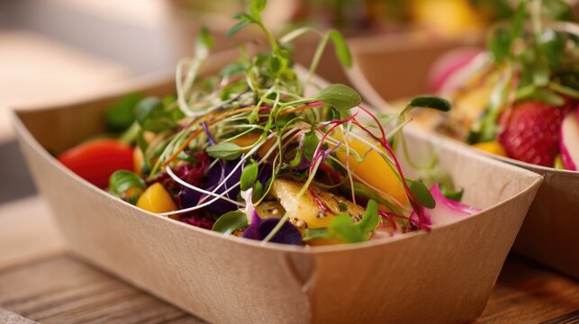 Fresh fruit and green salad with strawberries, blueberries and microgreens in eco paper bowl, concept of healthy eating and organic lifestyle