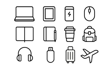Mobile Office Essentials. Mobile Office. Line icon set of Mobile Office: laptop, tablet, power bank, portable mouse, notebook, pen, coffee cup, backpack,