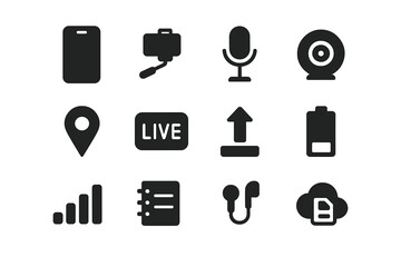 Mobile Reporting Icons. Mobile Reporting. Solid icon set of Mobile Reporting: smartphone, selfie stick, microphone, camera lens, location pin, live icon,