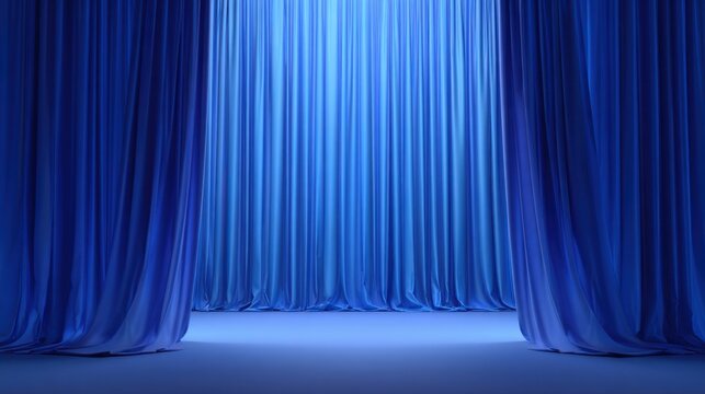 Blue theater curtain illuminated by soft spotlights on an empty stage, creating a dramatic backdrop. Perfect for product presentations, event banners. World Theatre Day. Copy space for text