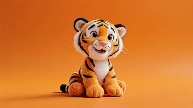 Adorable plush tiger cub sitting, waving, set on orange background with sparkle