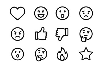 Monochrome Emoji Icons. Mixed reactions. Line icon set of mixed reactions: love, laugh, wow, sad, angry, thumbs up, thumbs down, clapping, surprised face,