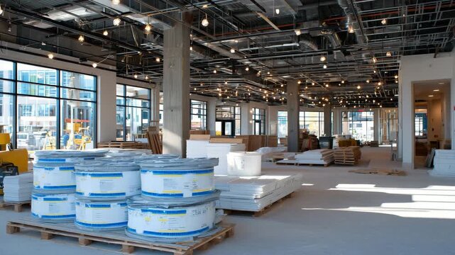 Lincoln, NE commercial space mid-construction, high ceilings with visible mechanical lines, drywall sheets stacked for installation, bright daylight enhancing the open industrial f