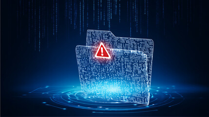 Pasta digital translúcida com símbolo de alerta em ambiente tecnológico azul, representando falha de sistema, risco cibernético, segurança da informação e proteção de dados corporativos