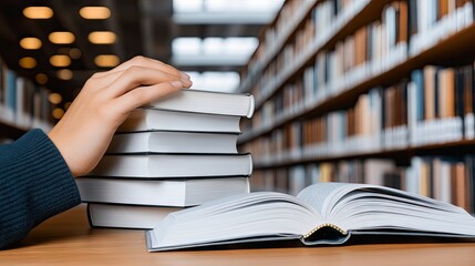 Student placing stacked books on a table in a library while an open book lies nearby in a serene reading space