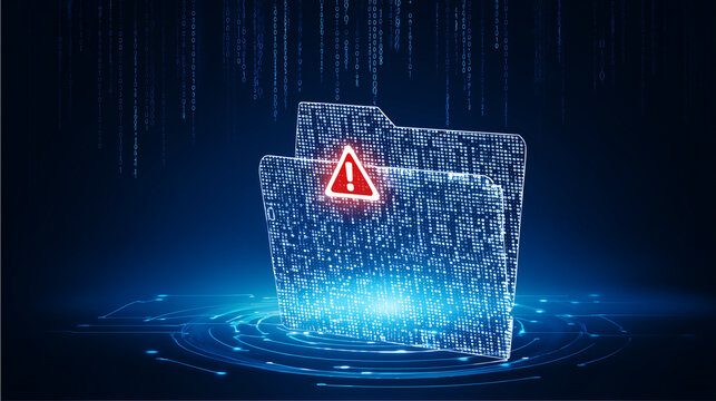 Pasta digital transl&uacute;cida com s&iacute;mbolo de alerta em ambiente tecnol&oacute;gico azul, representando falha de sistema, risco cibern&eacute;tico, seguran&ccedil;a da informa&ccedil;&atilde;o e prote&ccedil;&atilde;o de dados corporativos