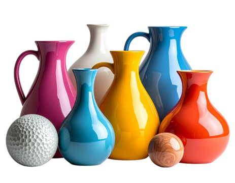 Untitled design - Minimalist Side-Angle Display of Colorful Jugs with Modern Decorative Pieces, PNG