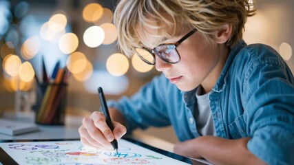 close up of a young boy focused on creating colorful digital illustrations on a tablet with a stylus in a creative workspace - Powered by Adobe