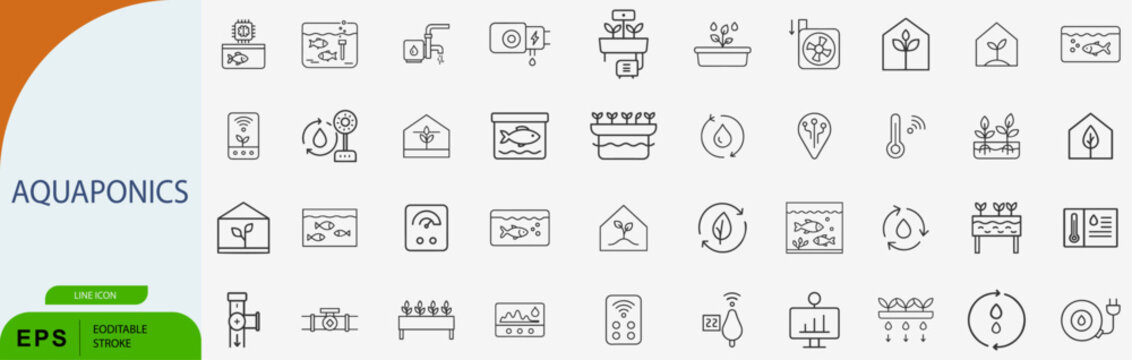 Aquaponics system line icon set, sustainable aquaculture hydroponics agriculture