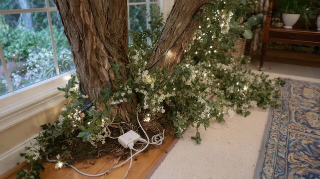 Living room scene with tree, string lights tangled and connected to single extension cord, carpet beneath, close-up showing tension and potential overheating risk