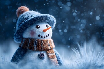 Magical winter holiday snowman portrait in snowy landscape glowing soft light festive season greeting scene snowman on the snow