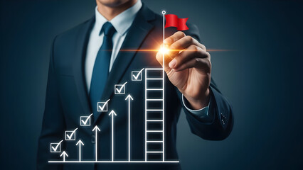 Businessman Charts Growth with Goal Flag