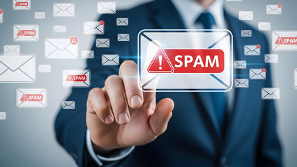 Businessman Navigates Digital Spam Email Interface