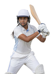 Fototapeta na wymiar Female cricketer in white uniform focused on the game with bat raised