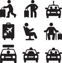 Travel icons, passenger luggage, airport taxi, waiting lounge, suitcase bag, transportation service