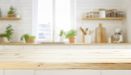 Light Wood Kitchen Countertop Foreground with Green Plants and White Kettle Blurred Background Mockup
