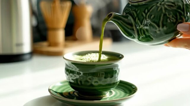 A close-up shot captures the mindful preparation of a vibrant green beverage, as a stream of liquid pours from an ornate ceramic teapot into a matching cup and saucer. The rich, earthy hue of the drin
