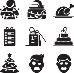 Christmas icons, roast chicken, festive cake, holiday gift, shopping bag, sad face