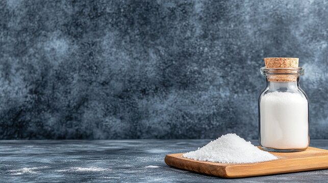 Salt in a glass jar placed on a wooden board beside a mound of salt on a textured dark background during daylight