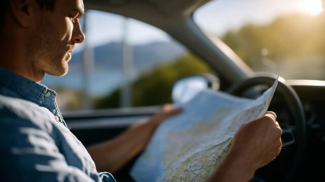 Man sitting in driver&rsquo;s seat holding unfolded paper map, sunlight streaming through car windshield, dashboard and steering wheel visible, planning a scenic road trip