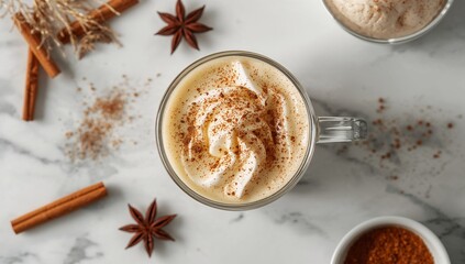Eggnog Latte, creamy spiced holiday drink with steamed milk, nutmeg aroma, smooth frothy top, warm festive café-style beverage visuals