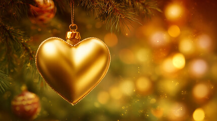 Gold Christmas Bauble in Shape of Heart Against Warm Blurred Background
