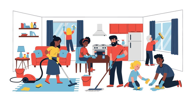 Diverse group cleaning a house together, enjoying the teamwork and results