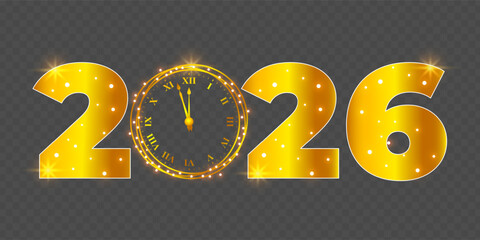 Vector illustration of New Year 2026 text with watch on transparent background