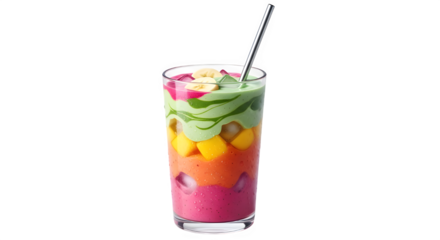 Vibrant layered fruit smoothie in a tall glass with a metal straw, featuring colorful layers of pink, orange, yellow, and green, topped with banana slice, isolated on transparent background