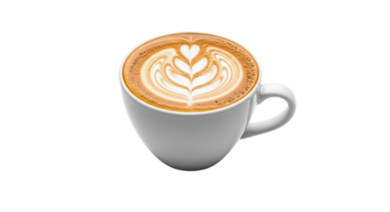 Hot creamy latte coffee in white cup with beautiful foam art isolated on transparent background