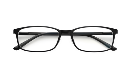 A pair of modern black rectangular eyeglasses with clear lenses, isolated on transparent background, perfect for vision correction or fashion accessory presentation