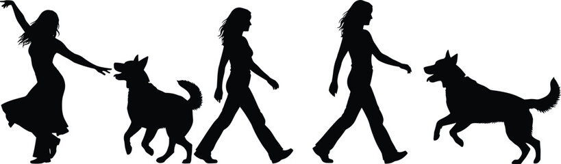 Active black and white vector silhouette collection showing women walking and playing with dogs isolated on white background for lifestyle and pet training concepts.