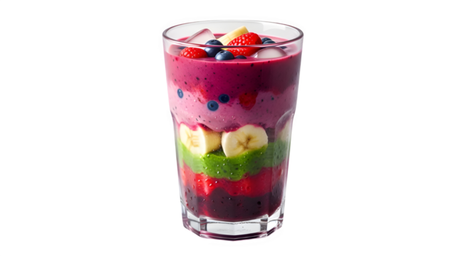 Layered colorful fruit smoothie in a tall glass featuring vibrant layers of berry, banana, and kiwi chunks, perfect for a healthy lifestyle concept, isolated on transparent background