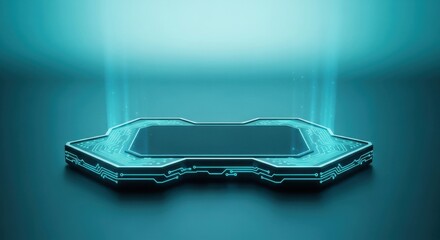 Futuristic digital platform with glowing circuit board lines and light beams.