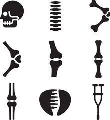 Bone icons, human skeleton, skull head, spine column, joint fracture, crutch support