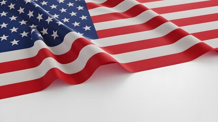 Closeup of American flag waving on white background, United States national patriotic symbol celebrating freedom, democracy, and unity