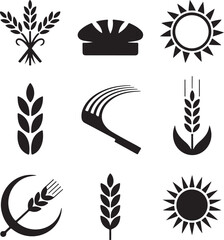 Wheat icons, agriculture farming, harvest crop, sun weather, rake tool, chef hat