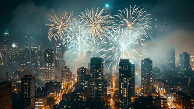 Cidade iluminada &agrave; noite com fogos de artif&iacute;cio no c&eacute;u, representando celebra&ccedil;&atilde;o urbana, r&eacute;veillon, eventos festivos, turismo noturno, alegria coletiva e paisagem metropolitana